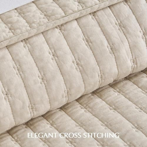 EVERGRACEHOME Cross Stitch Pre-Washed Cotton Quilt Bedding Set King Size, Oversized 3 Pieces Lightweight Bedspread Coverlet for All Season, with 2 Matching Shams, Flax Beige,118"x106" thumbnail 5
