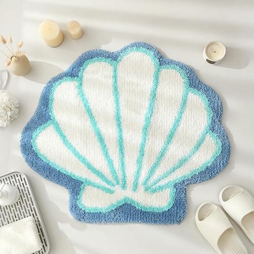 YRXRUS Seashells Bathroom Rug, White Bathroom Rugs, Ocean Decor Shell Bath Mat Gifts, Cute Seashell Shaped Bath Rugs for Sea Room Decor, Machine Washable & Non-Slip Bath Mat, 22x26 Inch - Image 1