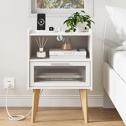 Nightstand with Charging Station, Bedside Tables with Glass Decorative Door, End Table Side Table with 2 Tiers Storage Space, for Bedroom, Living Room, White CAMLBZ07WE thumbnail 5