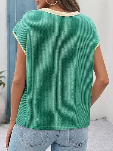 Tankaneo Womens Summer Color Block T-Shirts Cap Sleeve Textured Ribbed Knit Tees Casual Ringer Crew Neck Loose Fit Tops thumbnail 6