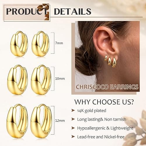 Chriscoco 3Pairs Gold Hoop Earrings for Women Chunky Gold Earrings Silver Hoops Earrings for Women 14K Gold Plated Hypoallergenic Small Huggie Hoop Earrings Set Lightweight Hoop Earrings (Gold/Sliver) thumbnail 5