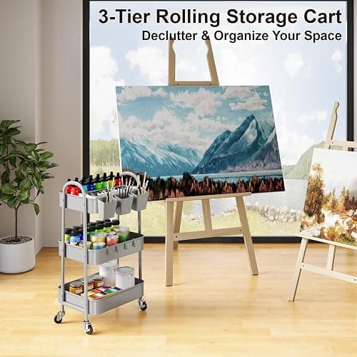 3 Tier Gray Metal Rolling Cart, Mesh Storage Cart with Handle and Lockable Wheels, Multifunctional Three Tiered Utility Organizer Carts for Kitchen, Office, Bathroom, Craft, Art, Snack, Baby Supplies thumbnail 6