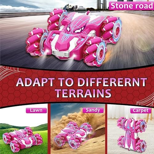 Kikikid Remote Control Car for Girls, Rechargeable RC Cars Toys with Cool Lights, 2.4Ghz Double Sided Drift RC Stunt Cars, 360°Rotating 4WD Off-Road Race Car for 4-6 6-12 Girl Kids Gifts thumbnail 3