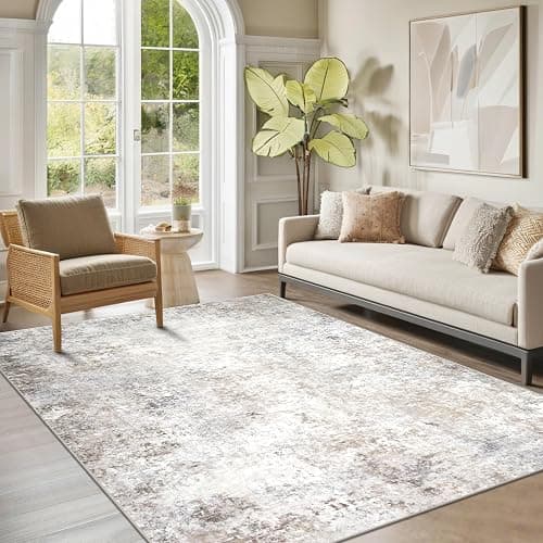Srugn Washable Rugs 5x7 Area Rugs for Living Room,Modern Abstract Rugs for Bedroom,Large Carpets,Ultra Soft Faux Wool Retro Dining Room Rug,Non Slip&Non-Shedding Low Pile Print Rug- Beige Grey - Image 1