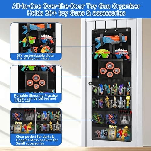 MonBel Over The Door Organizer for Toy Guns, Toy Gun Storage with Practice Target, Toys Storage Door Hanger with Pockets and Slots for Kids Rooms, Game Rooms, Black thumbnail 2