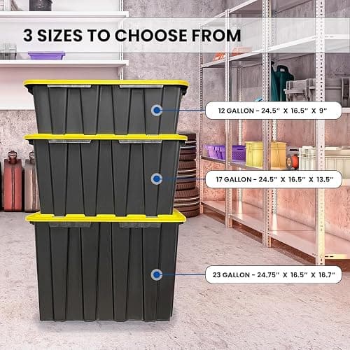 4 PACK Large Black & Yellow Storage Bins | Plastic Tote Organizing Container with Secure Latching Lids, Stackable, Extra Strength with Built in Handle | Black and Yellow Bins | 24.5" x 16.5" x 13.5" thumbnail 7