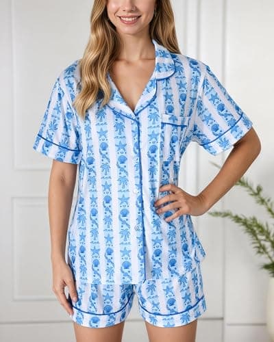 Pajamas for Womens Set Summer 2 Pece Pjs Matching Shorts Set Loungewear Palm Sleepwear for Beach Vacation, Holiday thumbnail 3
