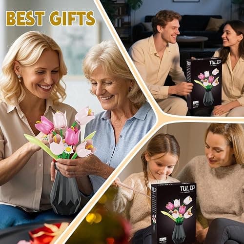 Flower Bouquet Building Sets, Tulips Botanical Collection, DIY Artificial Flower with vase for Adults Women Girl Kids, Pink Chrismas Home Decor Gifts for Mother's Day, Birthday, Easter(223 pcs) thumbnail 7