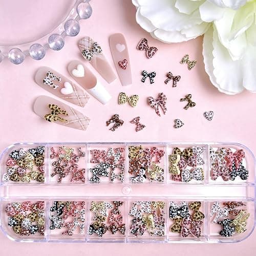 Dermalyx 12 Fächer Box Nageldekoration, Leopard Schleifen Y2K Resin Nail Art DIY Zubehör, Hotfix Strasssteine, Kristalle für Nägel, Rhinestones Set mit Applikator thumbnail 2