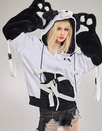 Micotaku Women's Pullover Hoodie Sweatshirt with Detachable Furry Dog Paw Gloves Cute Handbag thumbnail 3