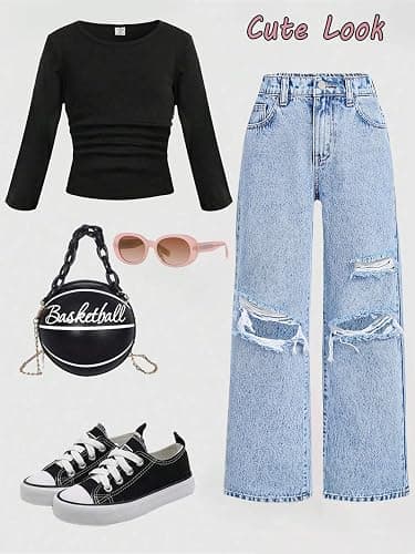 oyyniis Baggy Jeans for Girls Wide Leg Ripped High Elastic Waisted Denim Pants Cute Summer Trousers Y2K Streetwear 7-14Y thumbnail 5