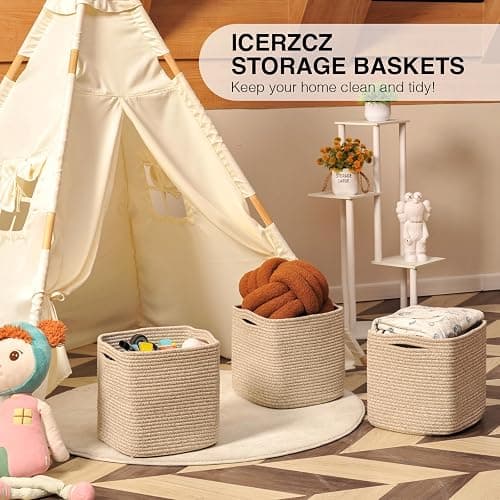 ICERZCZ 11 Inch Cube Storage Bins, Storage Cube Organizer Bins, Woven Cotton Rope Baskets for Storage, Storage Basket for Organizing Shelves, Square Baskets for Toys Nursery, Brown (Pack of 3) - Brown - 11"×11"×11" (Pack of 3) thumbnail 6