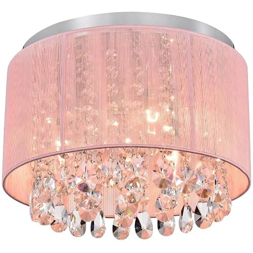 LaLuLa Pink Chandelier Drum Flush Mount Chandelier Crystal Ceiling Light Fixture 3 Light Bedroom Chandelier - Image 1