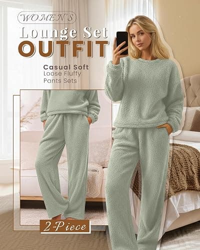Oakgarden Women's Fuzzy Pajamas Sets Warm Fleece Loungewear Outfit Cozy Long Sleeve Fluffy Pullover Pant Set 2 Piece thumbnail 6