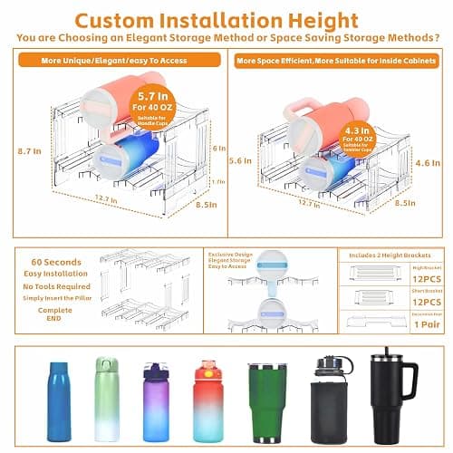 Yieach Large Stanley Cup Holder With Handle Groove,Stackable Tumbler and Water Bottle Organizer for Kitchen Cabinets,2 Tier Waterbottle and Cup Storage Organizer for 40 OZ Yeti,Owala,Yeti Storage thumbnail 3