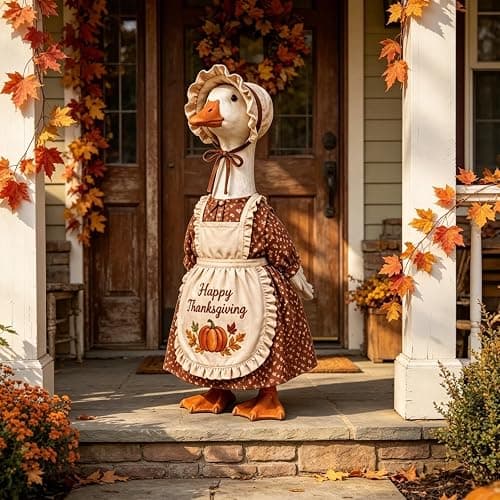 Gliswaieuznd Thanksgiving Pilgrim Porch Goose Outfits for 23'' Goose Statue | Fall Pumpkin Dress Goose Clothes, Pilgrim Costume, ''Happy Thanksgiving'' Apron, Bonnet, Autumn Yard Patio Garden Decor thumbnail 5