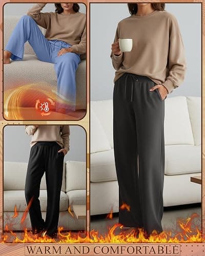 Sweetyweee 4 Pack Women's Fleece Lined Sweatpants Wide Leg Lounge Pants Baggy Thermal Winter Warm Baggy Sweats thumbnail 3