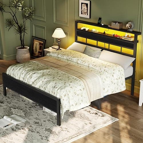 Furnulem Full Size Bed Frame with LED Light and Charging Station, Wood Storage Headboard with 2-Tier Shelves, Metal Platform Bed with Heavy Duty Slats Support, No Box Spring Needed, Black Oak thumbnail 4
