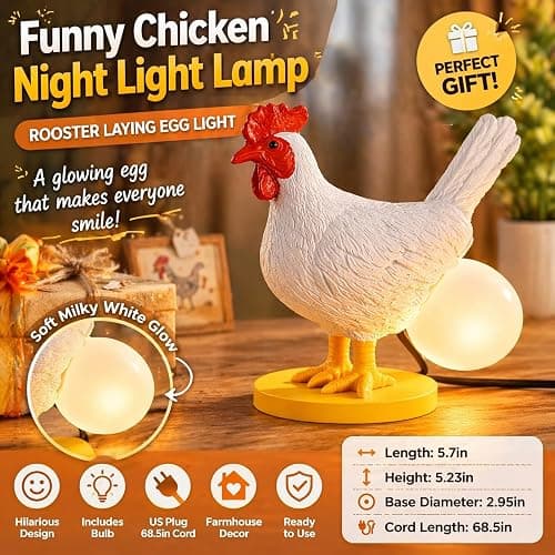AMPlug in Funny Chicken Night Light Lamp – Rooster Laying Egg Light, Farmhouse Table Decor, Unique Gift for Chicken Lovers (Includes Bulb) thumbnail 5