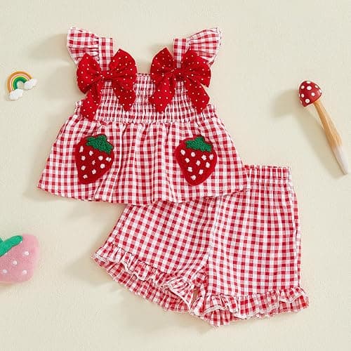 Mubineo Toddler Baby Girl Summer Clothes Cute Ruffle Shirt Tops Dress Shorts Outfits Set Fruit Blouse Princess Outfit thumbnail 3