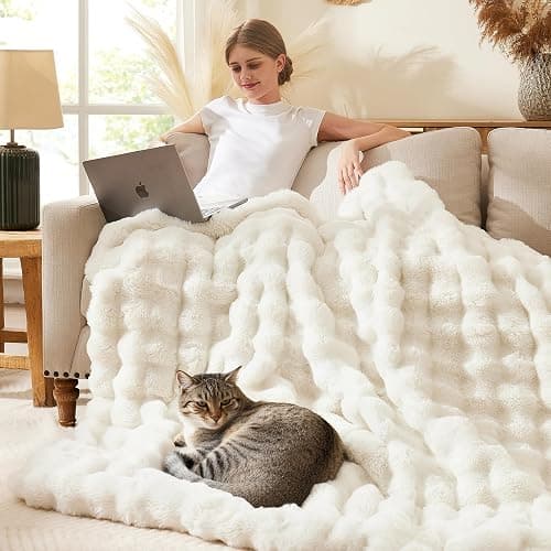 L'AGRATY Faux Fur Throw Blanket: 60" x 80" Luxury Soft Fluffy Thick Rabbit Fur Blankets for Twin Bed Couch - Cozy Plush Bubble Blankets for Winter: Warm Flannel Fleece Decorative Blanket(Cream White) thumbnail 3