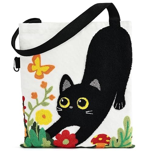 Jeasona Canvas Tote Bag for Women,Cute 3D Black Cat & Flowers Reusable Embroidered Canvas Shoulder Bag - Image 1