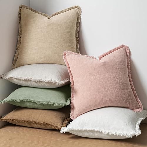 MIULEE Decorative Throw Pillow Covers Neutral Linen Fringe Throw Pillows Set of 2 Sage Green Boho Farmhouse Cushion Covers with Tassels for Couch Sofa Bed Living Room Spring Home Decor 20x20 Inch thumbnail 2