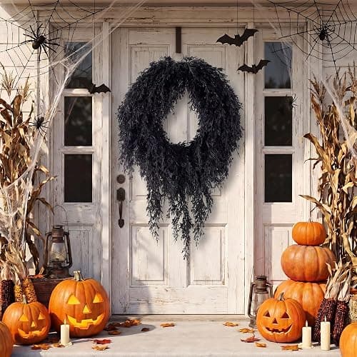 Suncalla 20" Black Halloween Artificial Wreath - Halloween Cedar Wreath Spooky Party Decorations for Front Door Indoor Outdoor Wall Window Porch thumbnail 5