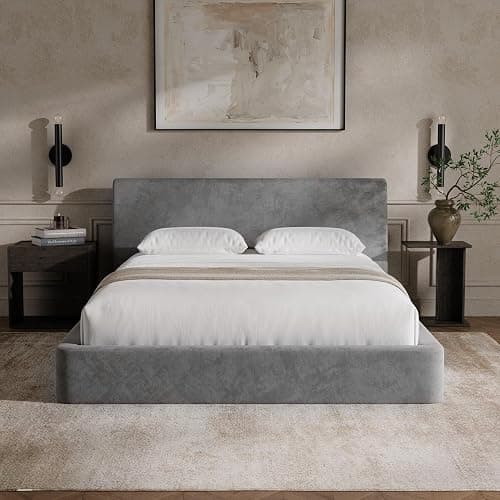 RECCI AirFrame Queen Bed Frame with Ergonomic Angled Headboard, 360° Cushioned Platform Bed Frame, Low Profile Minimalist Soft-Frame Bed, No Box Spring Needed, Easy Assembly, Moon Grey - Image 1