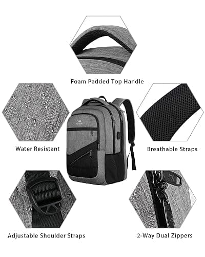 MATEIN 17 Inch Work Backpack for Men Women, Water Resistant Practical Travel Laptop Backpack with Trolley Sleeve, Casual College Daypack Laptop Compartment TSA Friendly, Grey Black thumbnail 8