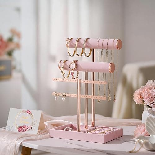 Josmimic 3 Tier Bracelet Holder Display - Detachable T Bar Pink Velvet Bracelet Holder, Jewelry Holder Organizer for Bracelet, Necklace, Watches, Rings thumbnail 5