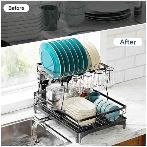 Simple Trending Dish Rack, Stainless Steel Dish Drying Rack for Kitchen Counter, Large Capacity 2-Tier Dish Drainer Organizer with Utensil Holder, Black thumbnail 7