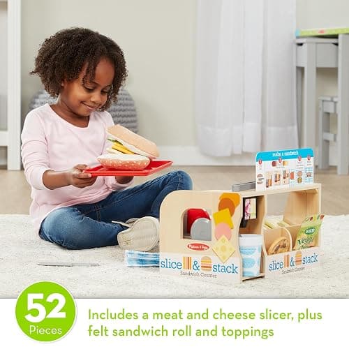 Melissa & Doug Slice-Stack-Serve, Wooden Sandwich Counter Pretend Play Store with Play Food Toys, Play Money & Deli Slicer, Preschool Toys for Kids 3+ thumbnail 5