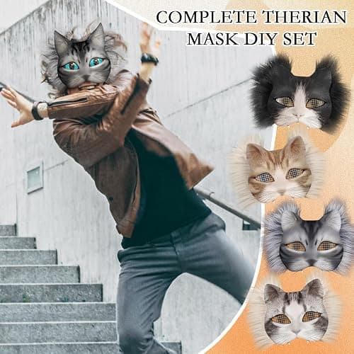 Seenelling 33 Pcs Therian DIY Mask Kit for Beginners Including Blank Cat Mask Faux Fur Fabric Felt Fabric Plastic Mesh Sheet(Classic Colors) thumbnail 5
