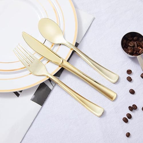 N9R 300PCS Gold Plastic Silverware, Disposable Plastic Cutlery/Utensils | Heavy Duty Flatware, 100 Forks, 100 Spoons, 100 Knives, for Party, Wedding & Everyday Use thumbnail 6