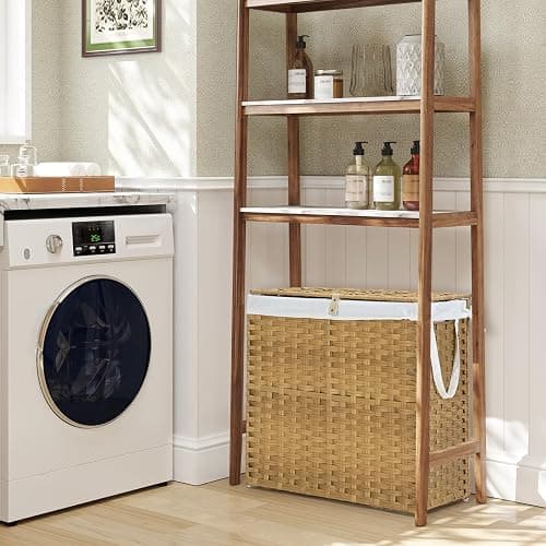 DUMOS Wicker Laundry Basket with Lid, 110L Woven Laundry Hamper with Handles, Foldable Rattan Clothes Hamper with Removable Liner & Sturdy Steel Frame, Goose Yellow thumbnail 9