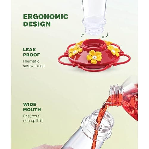 Hummingbird Feeder 10 oz Glass Hummingbird Feeders for Outdoors, with Built-in Ant Guard - Circular Perch with 5 Feeding Ports - Wide Mouth for Easy Filling/2 Part Base for Easy Cleaning thumbnail 6