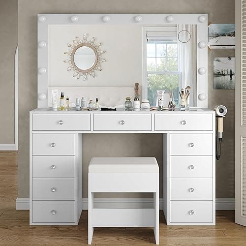 Yanosaku Vanity Desk & Power Outl, Makeup Vanity with Mirror and 12 LED Lights, Makeup Table with 11 Drawers, Vanity Table with Chair,Set 3 Lighting Modes Brightness Adjustable-(White) - Image 1