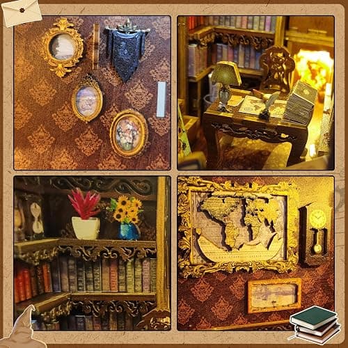 CRIOLPO Book Nook Kit - DIY Dollhouse Booknook, Book Nook Miniature Kit for Bookshelf Insert Decor Crafts for Adults Teens, 3D Wooden Puzzle Bookends with Sensor Led Light (Library of Books) thumbnail 5