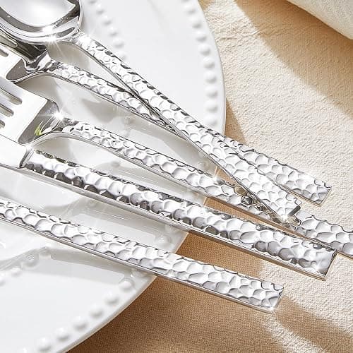 KINGSTONE 40 Piece Hammered Silverware Set, 18/10 Stainless Steel Flatware Set for 8, Cutlery Set for Home, Party, Wedding, Mirror Polished Dishwasher Safe thumbnail 4