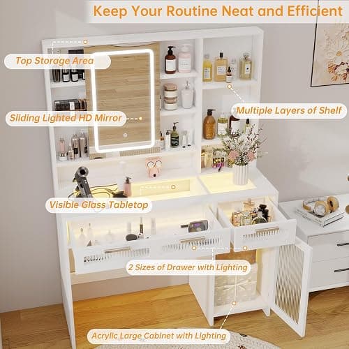 Hadulcet White Vanity Desk with Mirror and Lights, 43" Makeup Vanity Desk with Glass Top, Power Outlets, 2 Drawers, 10 Shelves & Acrylic Cabinet, LED Vanity Table for Girls Women Gift thumbnail 5