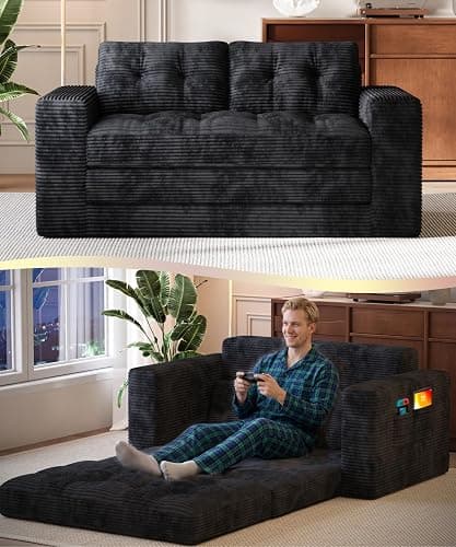 Gizoon Convertible Loveseat Sleeper Sofa Bed, 59'' Folding Floor Couch with Pillows & Memory Foam Sofa for Small Spaces, Corduroy Pull Out Couch for Apartment Living Room, Black - Image 1