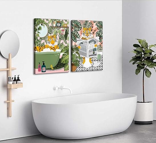 2Pcs Fun Bathtub Animals Bathroom Canvas Wall art Maximalist Tropical Botanical Tiger Reading Newspaper on Toilet Painting Pictures Wall Decor Eclectic Jungle Toilet Poster Print Artwork - bathroom - 12x16in Canvas thumbnail 5