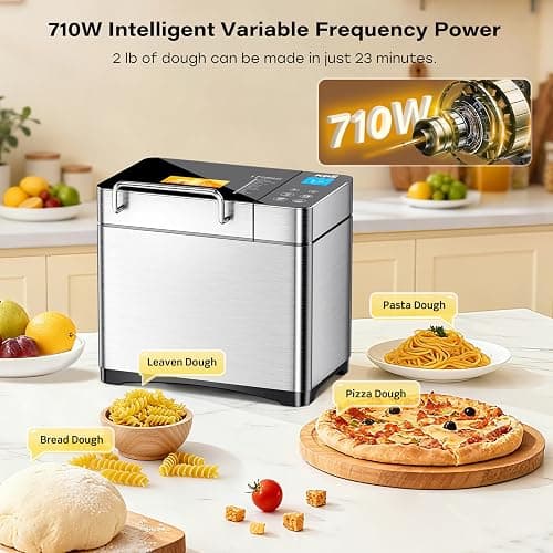 KBS Pro 710W 2LB Bread Maker, Stainless Steel 17-in-1 Smart Bread Machine with Healthy Ceramic Pan, Automatic Nut Dispenser, Tempered Glass Touch Panel, 3 Crust Colors, 15H Timer& Keep-Warm, Recipes thumbnail 8