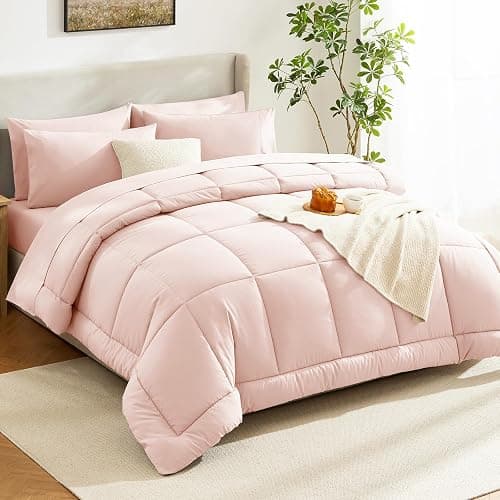 CozyLux Queen Comforter Set Blush Pink, 7 Pieces Bed in a Bag, Pink Comforters Queen Size, All Season Bedding Sets with Stitch Quilted Comforter, Flat Sheet, Fitted Sheet, Pillowcases thumbnail 8