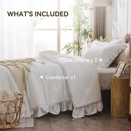 JOLLYVOGUE Queen Comforter Set, 3 Pieces White Seersucker Comforters Queen Size, Lightweight & Fluffy Bedding Sets Queen for All Season with 1 Ruffle Comforter and 2 Ruffle Pillowshams thumbnail 5