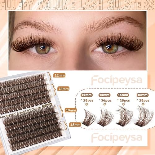 Focipeysa Fluffy Brown Lash Clusters Brown Eyelash Extensions Thick Volume Clusters Eyelash 12-18mm Classic Lash Extension C Curl Individual Lashes Extension DIY Lash Extension at Home (C Curl 120pcs) thumbnail 4