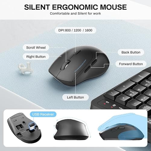 Wireless Keyboard and Mouse Combo,2.4G Full Size Wave Keys Ergonomic Keyboard with Wrist Rest for Natural Typing, 3 DPI Adjustable Ergonomic Silent Mouse for Computer/Laptop/Windows/Mac (Grey) thumbnail 7