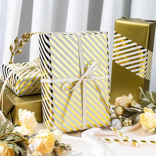 Burymento Platinum Stripe Wrapping Paper, Reversible Gold Gift Wrap for Birthday, Valentines, Mothers day, Graduation, Wedding, Fathers day, Baby Shower, Christmas (17in x 32.8ft) thumbnail 5