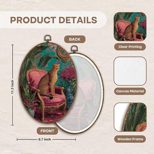 FCHHYWAL Funky Leopard Floral Oval Framed Wall Art, Maximalist Cheetah Aesthetic Canvas Wall Art Prints Decor, Eclectic Jungle Animal Hanging Decor for Home Living Room Bedroom, 8.7 x 11.3 Inch thumbnail 7